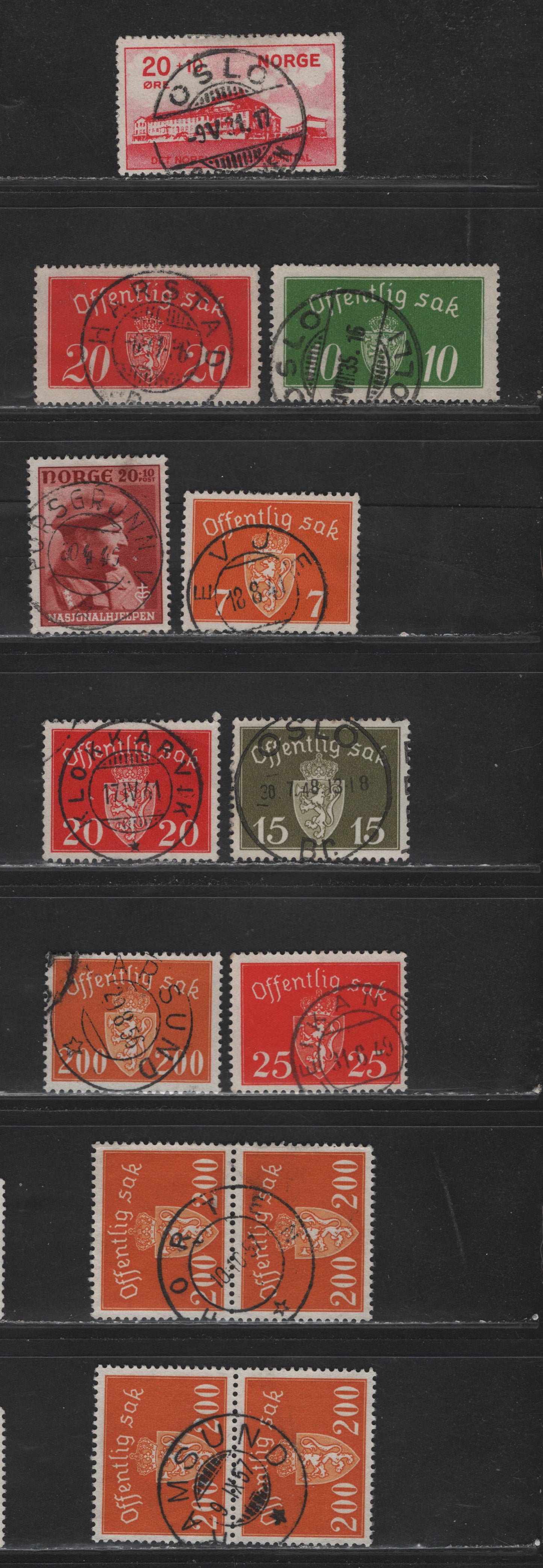 Lot 298 Norway SC#B4, B45, O12a, O14a, O34/O38A, O56 20o+10o-200o Carmine - Orange Radium Hospital-Arms, 1931 Semi-Postal Issue - 1947 Official Issue, 9 VF Used Singles & 2 Pairs With SON CDS Town Cancels