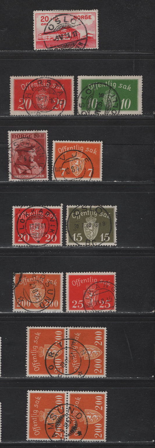 Lot 298 Norway SC#B4, B45, O12a, O14a, O34/O38A, O56 20o+10o-200o Carmine - Orange Radium Hospital-Arms, 1931 Semi-Postal Issue - 1947 Official Issue, 9 VF Used Singles & 2 Pairs With SON CDS Town Cancels