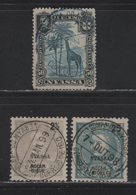 Lot 299 Nyassa SC#13, 18, 32 2.5r-50r Grey-Black & Deep Blue King Carlos - Giraffe, 1898-1901 Mozambique Overprints & Engraved Camel & Giraffe Definitives, 3 VF Used Singles With SON Cancels