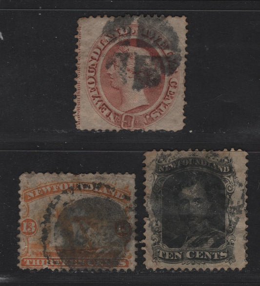 Lot 48 Newfoundland #27a, 28a, 29 10c Black, 12c Red Brown, 13c Orange, 1865-1894 First Cents Issue, 3 Ungraded Singles On Thin, Yellowish Papers Cents-V & Cents-Z, All With Moderate To Minor Faults