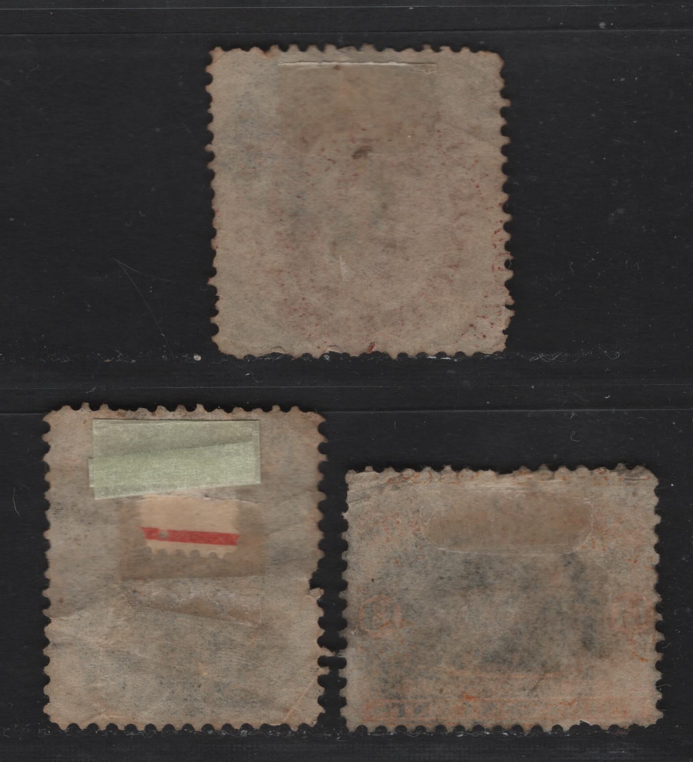 Lot 48 Newfoundland #27a, 28a, 29 10c Black, 12c Red Brown, 13c Orange, 1865-1894 First Cents Issue, 3 Ungraded Singles On Thin, Yellowish Papers Cents-V & Cents-Z, All With Moderate To Minor Faults