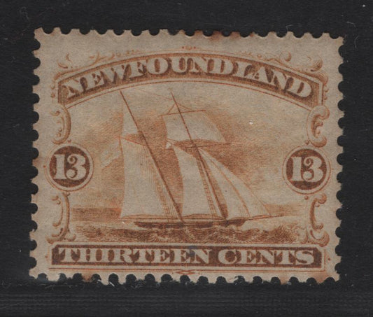 Lot 50 Newfoundland #30 13c Orange, 1865-1894 First Cents Issue, A FOG Single On Paper Cents-Y, Perf 12x11.75. Some Toned Perf Tips And Colour Is Oxodized