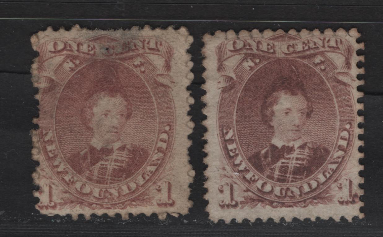Lot 58 Newfoundland #32A 1c Brown Lilac & Pale Brown Lilac, 1868-1894 Second Cents Issue, 2 Poor & Very Good UN SIngles On Paper Cents-AA, Perf 11.75x12 And 12