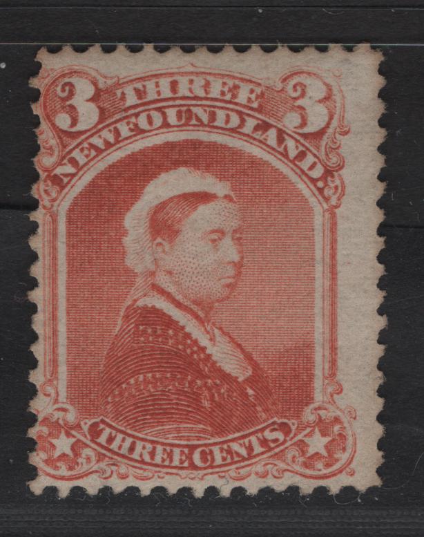 Lot 59 Newfoundland #33 3c Vermilion, 1868-1894 Second Cents Issue, A VG RG Single On Paper Cents-JJ, Perf 12x12.1. Professionally Regummed To Appear NH