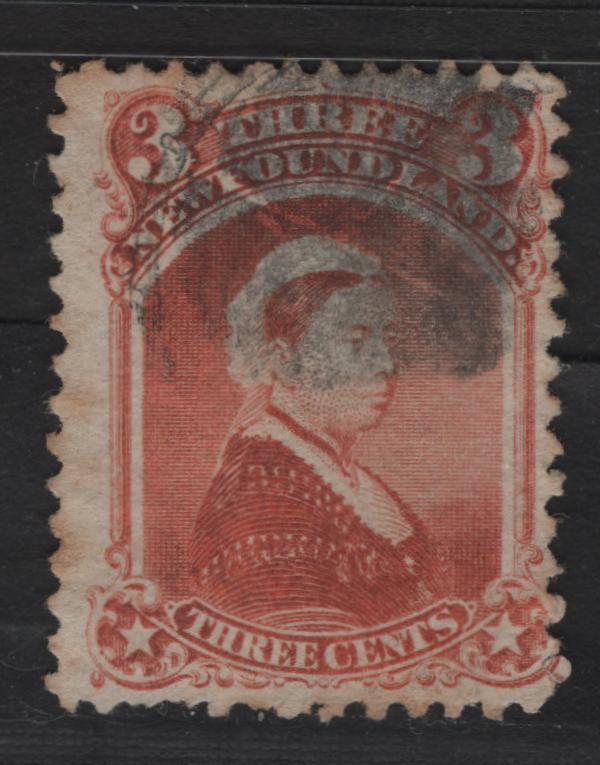 Lot 59A Newfoundland #33 3c Vermilion, 1868-1894 Second Cents Issue, A Good Used Single On Paper Cents-JJ, Some Toning On Perf Tips