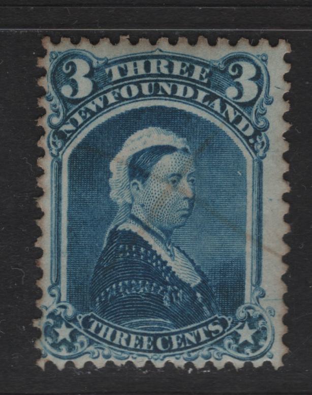 Lot 60 Newfoundland #34 3c Blue, 1868-1894 Second Cents Issue, A Fine Used Single On Paper Cents-BB, Perf 12x11.75. Cleaned Pen Cancel, And Regummed To Appear Mint