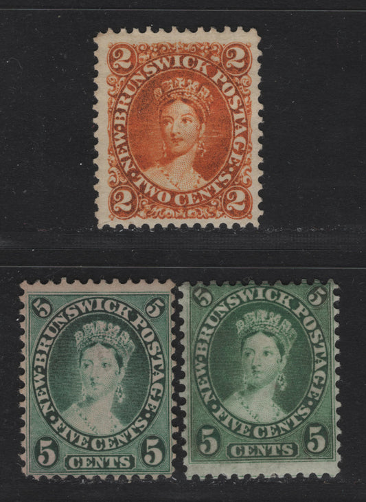 Lot 6 New Brunswick #7,8,8a, 1860-1867 Cents Issue, 3 FUN Singles 2c Orange On Paper Cents-J, 5c Yellow Green On Cents -N, 5c Blue Green On Cents-WW Paper, Perf 12x11.75, 11.75, 11.75