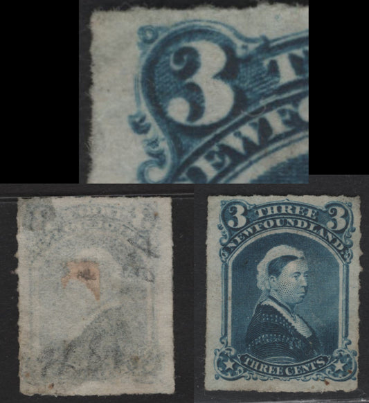 Lot 67 Newfoundland #39var 3c Blue, 1876-1879 Rouletted Cents Issue, A FUN Single On Paper Cents-FF, Showing Re-Entry In Which There Is Clear Doubling Of The Outer Ornamental Line At UL.