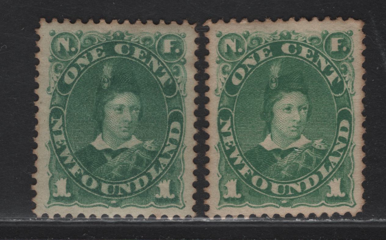 Lot 74 Newfoundland #45,45a 1c Green & Yellow Green, 1880-1896 Third Cents Issue, A FOG Single On Papers Cents-MM & Cents LL, Perf 12. Some Light Toning, But Both Are Still VF, Nicely Centered Examples