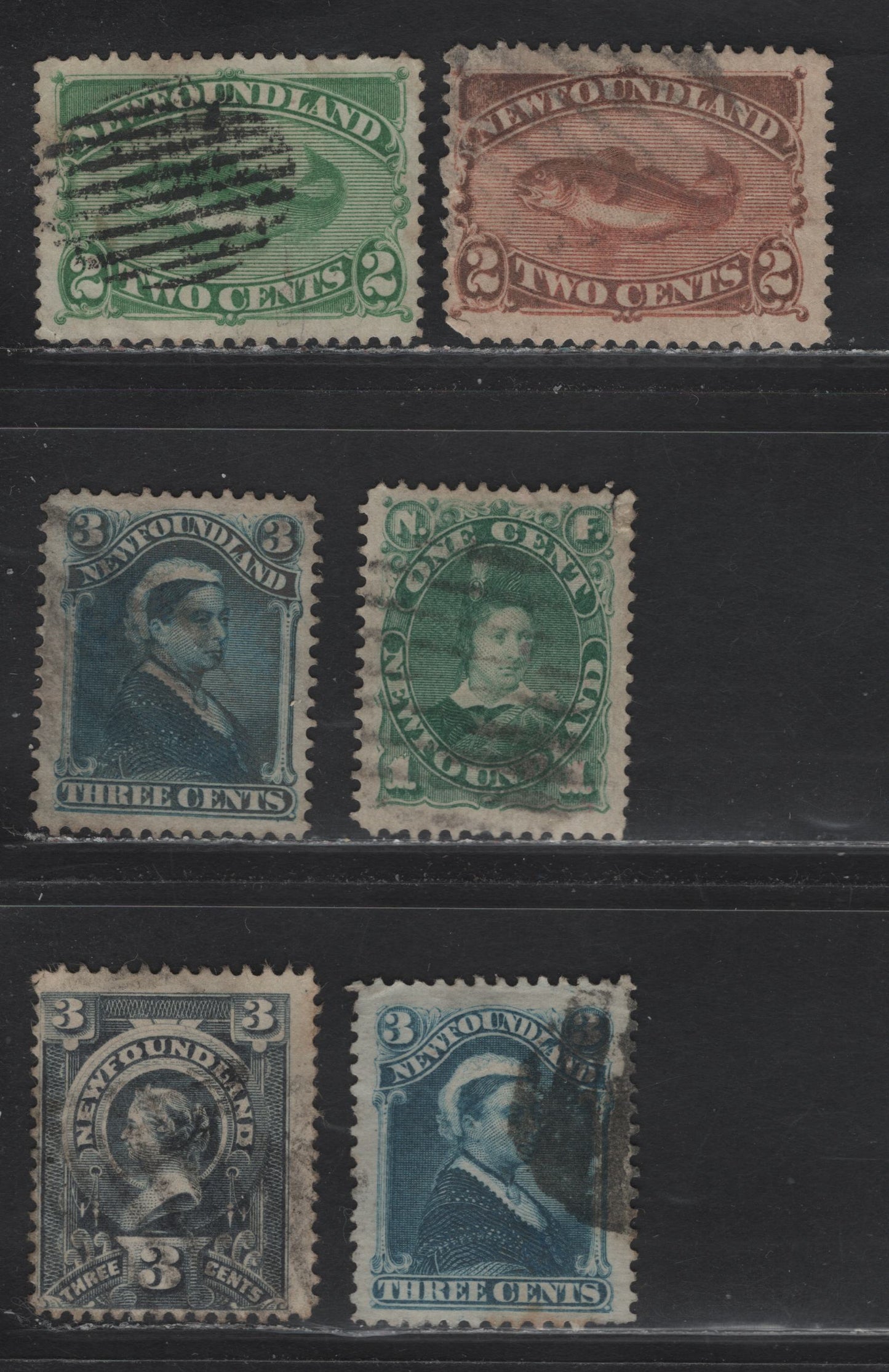 Lot 75 Newfoundland #44,47,48,49a,60 1c Green,2c Green, 2c Red Orange, 3c Greenish Blue And 3c Slate, 1880-1896 Third Cents Issue, 5 FR-F Used Singles In Mixed Condition, With The 2c Green Being Sound, And All The 3c Stamps. Various Paper Types