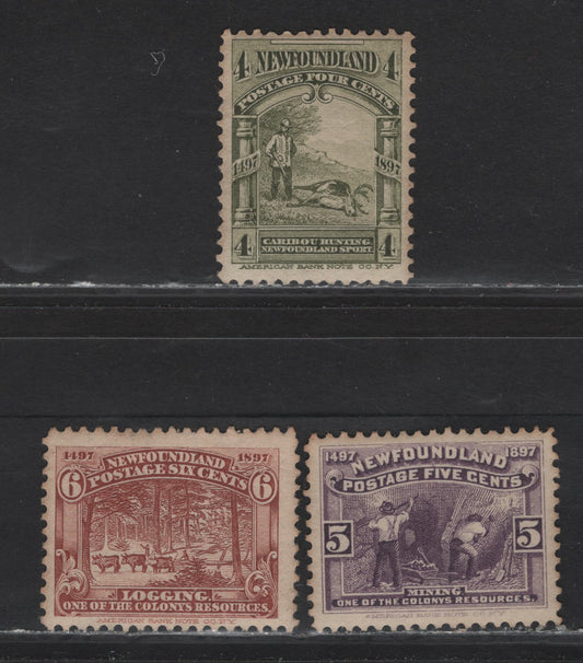 Lot 95 Newfoundland #64-65 4c Olive Green-6c Red Brown, 1897 John Cabot Issue, 3 FOG Singles On Papers ABNN-A,ABNN-N And ABNN-C, Some Light Toning On All Three Value & Light Gum Bend On 4c