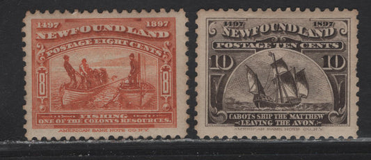Lot 96 Newfoundland #67, 68 8c Red Orange, 10c Black Brown, 1897 John Cabot Issue, 2 FOG Singles On ABNN-E Perf 11.9x11.75 And ABNN-N Perf 11.75