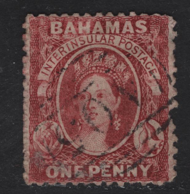 Lot 1 Bahamas SG#21 1d Carmine Lake Queen Victoria, 1863-1877 Chalon Heads Issue, A Fine Used Single, Perf 12.5, Crown CC Wmk, SON A05 Cancel.