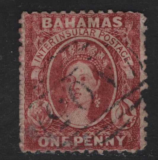Lot 1 Bahamas SG#21 1d Carmine Lake Queen Victoria, 1863-1877 Chalon Heads Issue, A Fine Used Single, Perf 12.5, Crown CC Wmk, SON A05 Cancel.