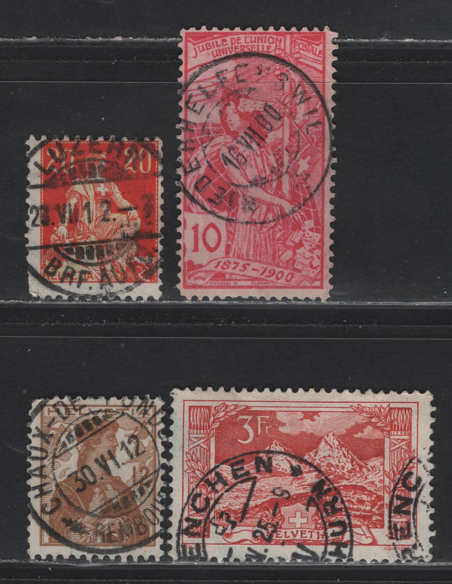 Lot 101 Switzerland (C)  SC#99, 165, 182, 132 10c - 3fr Carmine Rose - Red UPU - Pictorial, 1900-1930 UPU - Pictorial Issues, 4 Fine Used Singles, High Values, All With SON CDS Cancels