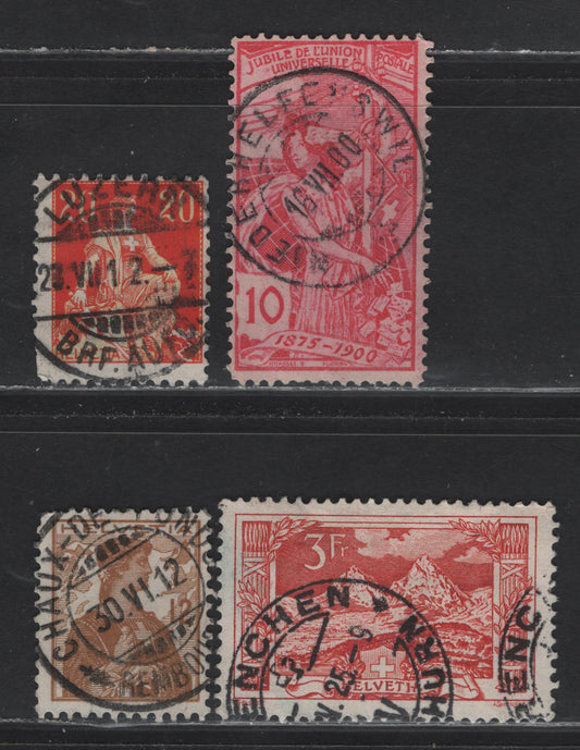 Lot 101 Switzerland (C)  SC#99, 165, 182, 132 10c - 3fr Carmine Rose - Red UPU - Pictorial, 1900-1930 UPU - Pictorial Issues, 4 Fine Used Singles, High Values, All With SON CDS Cancels