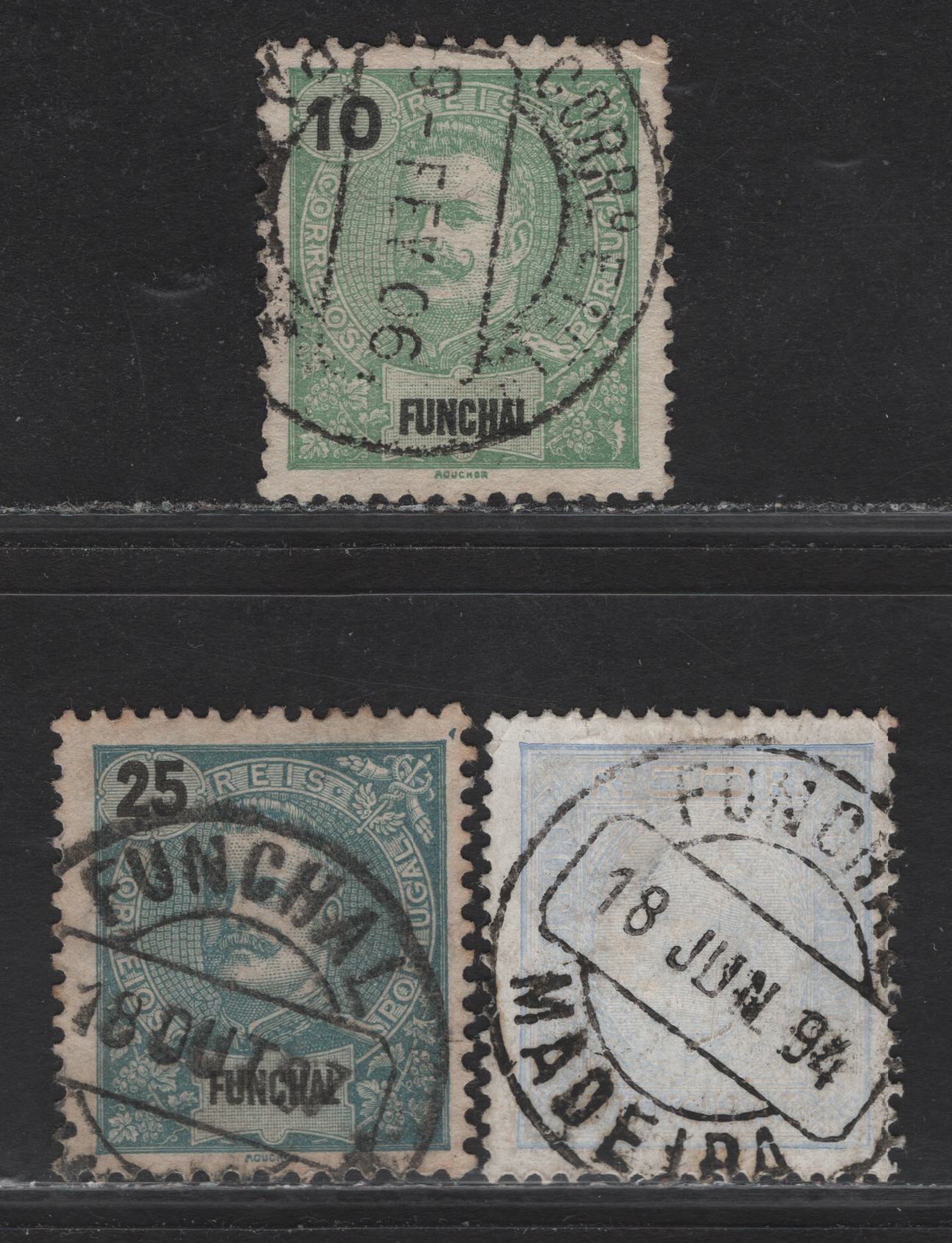 Lot 105 Funchal SC#6a, 15, 19 50r - 5r Ultramarine - Sea Green King Carlos, 1892-1905 King Carlos Keyplate Issues, 3 Fine/Very Fine Used Singles