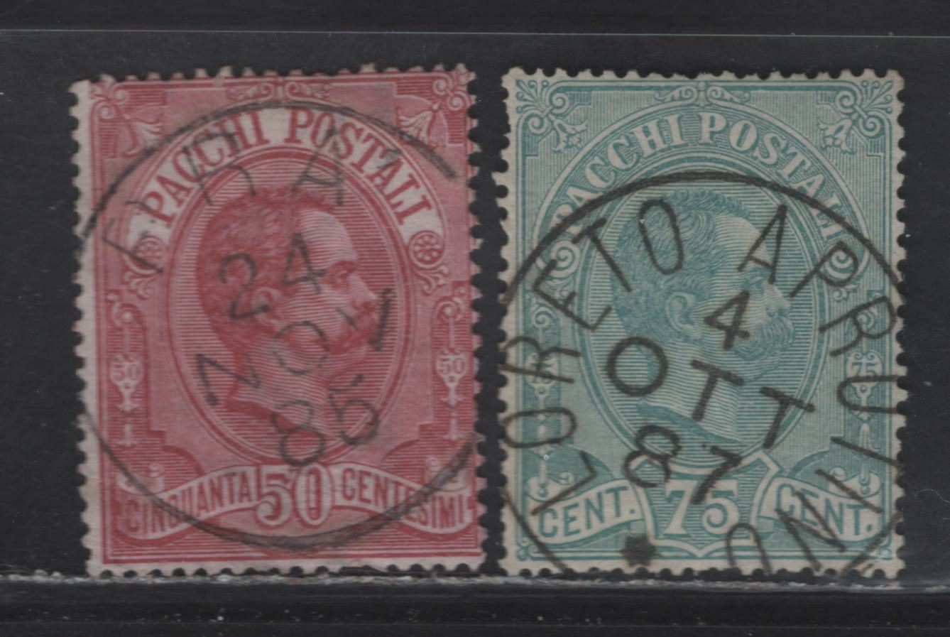 Lot 106 Funchal SC#Q3-Q4 50c - 75c Claret - Blue Green Parcel Post, 1884-1886 Parcel Post Issue, 2 Very Good/Fine Used Singles, SON Lorelo Aprotino, October 4 1887 & Fra, Nov 25 1885 CDS Cancels, Small Diagonal Crease on Q3.