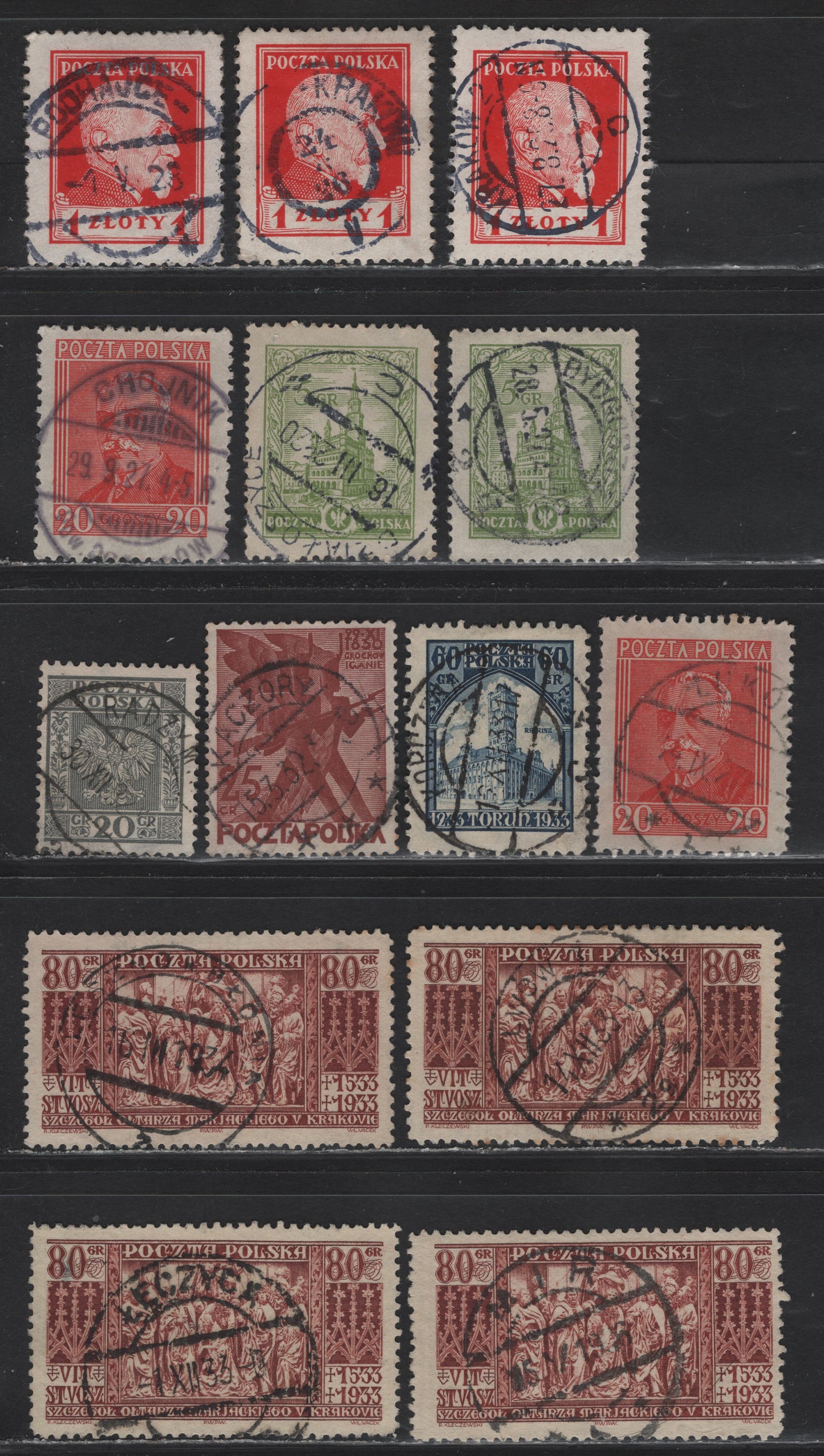 Lot 109 Poland SC#226, 239, 245, 265, 271, 275, 277 1z - 80g Scarlet - Red Brown Arms & Wojciechowski - Ventstoss, 1924-1933 Arms & Wojciechowski - Ventstoss Issues, 7 Very Fine Used Singles, SON Town Cancels