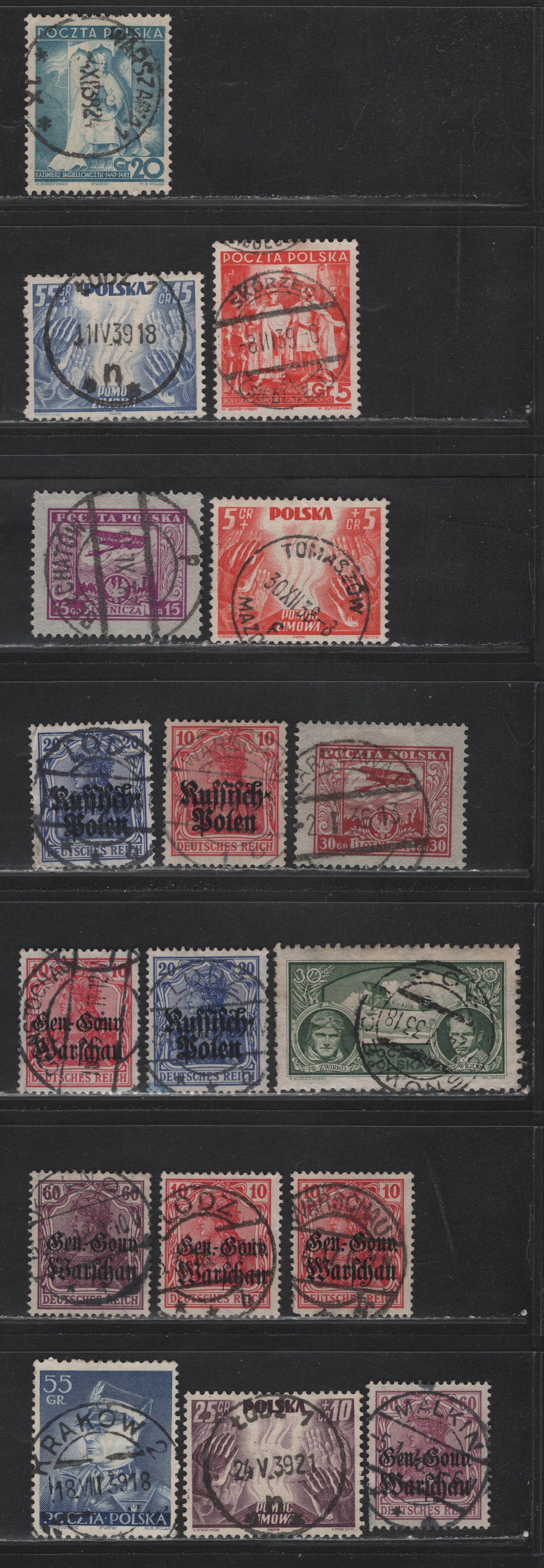 Lot 111 Poland SC#313, 320, 323, B32-B34, C6, C8, C10, N3-N4, N10, N12 55g - 60pf Blue - Magenta Marshal Smigly Ryote - Germania, 1916-1937 Germania Occupation Overprinted - Marshal Ryote Issues, 17 Very Fine Used Singles, SON Town Cancels