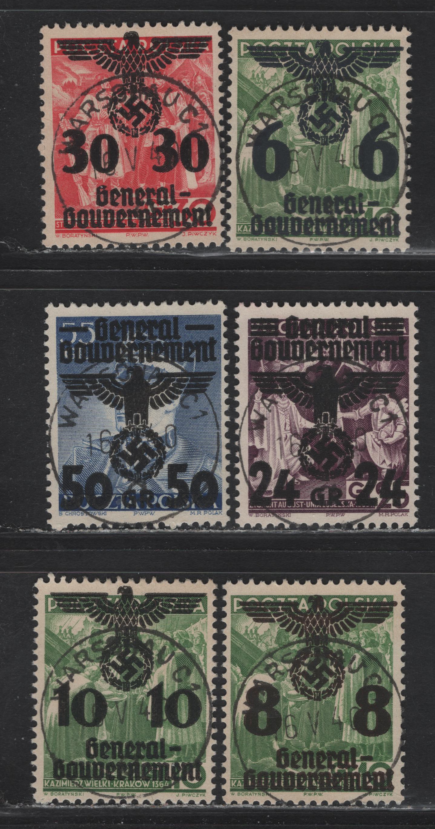 Lot 112 Poland SC#N35-N37, N40, N42, N32 6g on 10g - 50g on 50g Blue General Gov't, 1940 General Gov't Overprinted Issue, 6 Very Fine Used Singles, SON Warsaw CDS Cancels