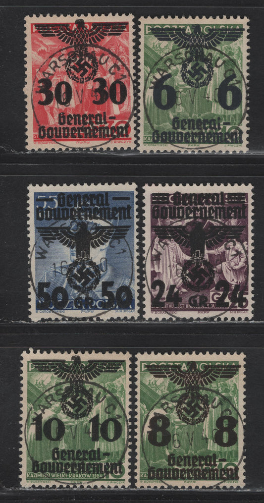 Lot 112 Poland SC#N35-N37, N40, N42, N32 6g on 10g - 50g on 50g Blue General Gov't, 1940 General Gov't Overprinted Issue, 6 Very Fine Used Singles, SON Warsaw CDS Cancels