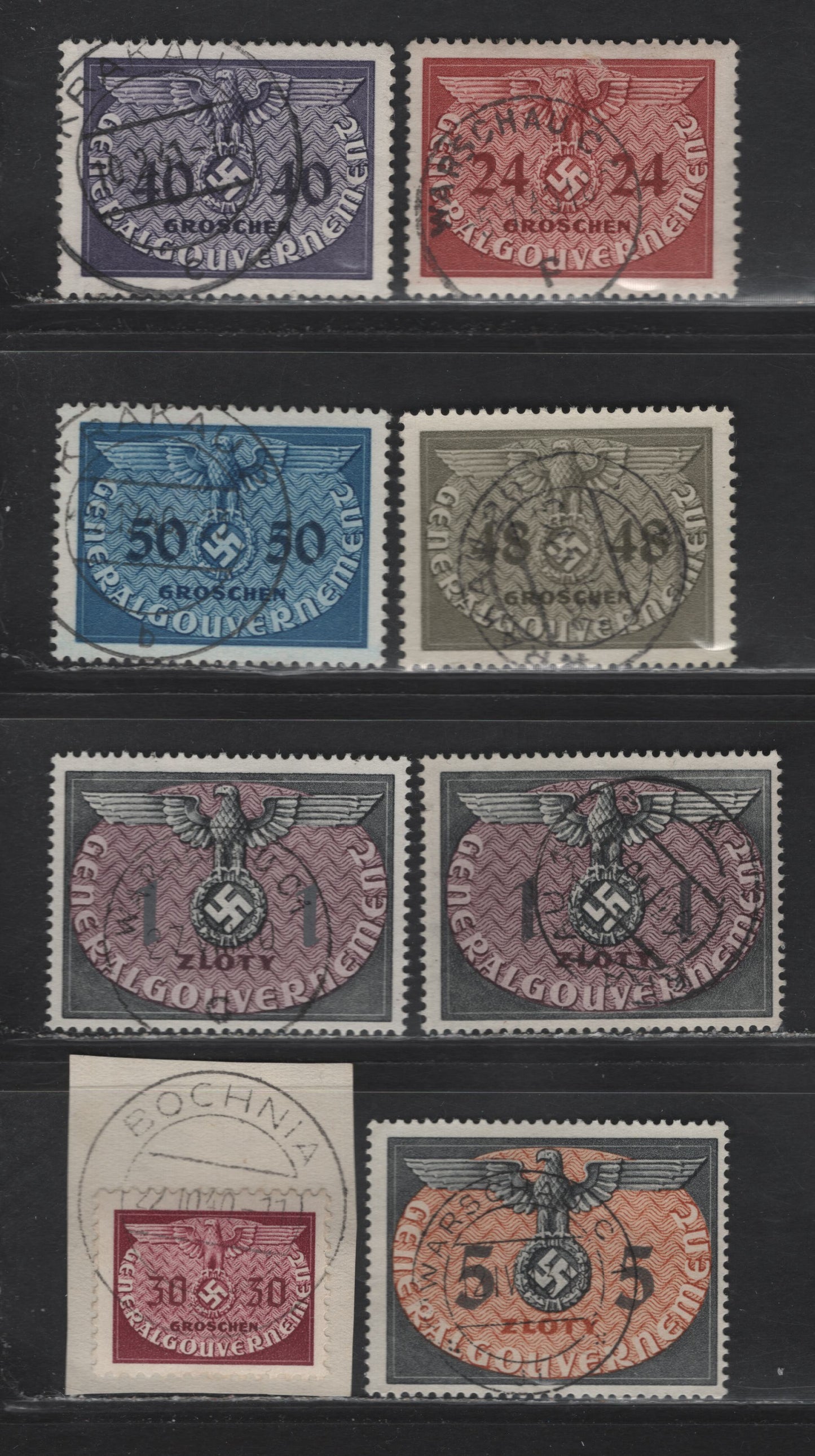 Lot 114 Poland SC#NO6, NO8-NO10, NO13, NO15, NO22 24g - 30g Henna Brown - Rose Lake Eagle & Swastika, 1940 Eagle & Swastika Official Issue, 7 Fine/Very Fine Used Singles, All With SON CDS Town Cancels