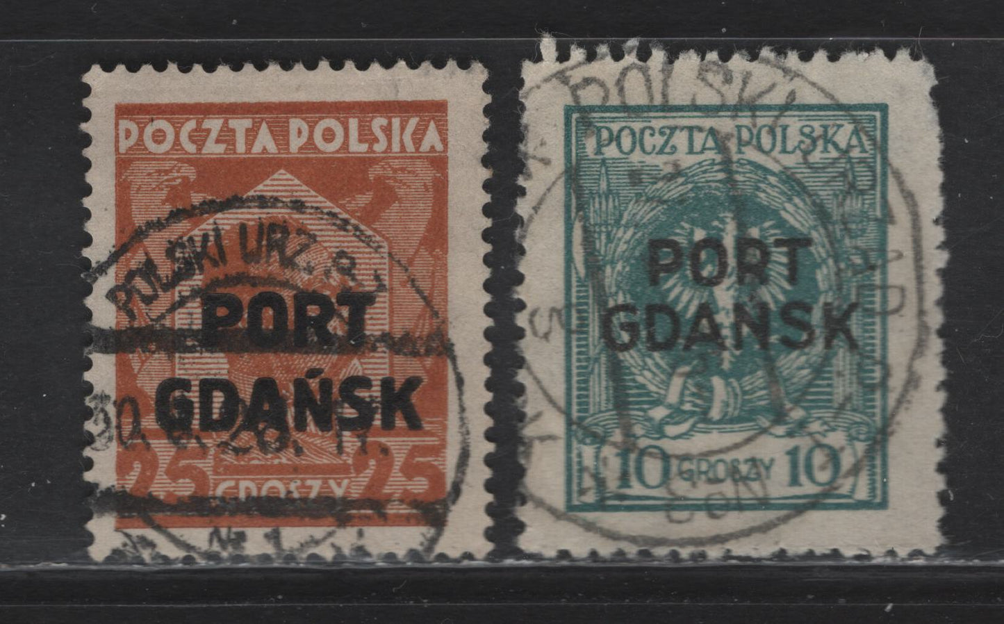 Lot 115 Poland SC#1k5, 1k18 10g - 25g Blue Green - Yellow Brown Offices in Danzig, 1925-1927 Offices in Danzig Overprinted Issue, 2 Very Fine Used Singles