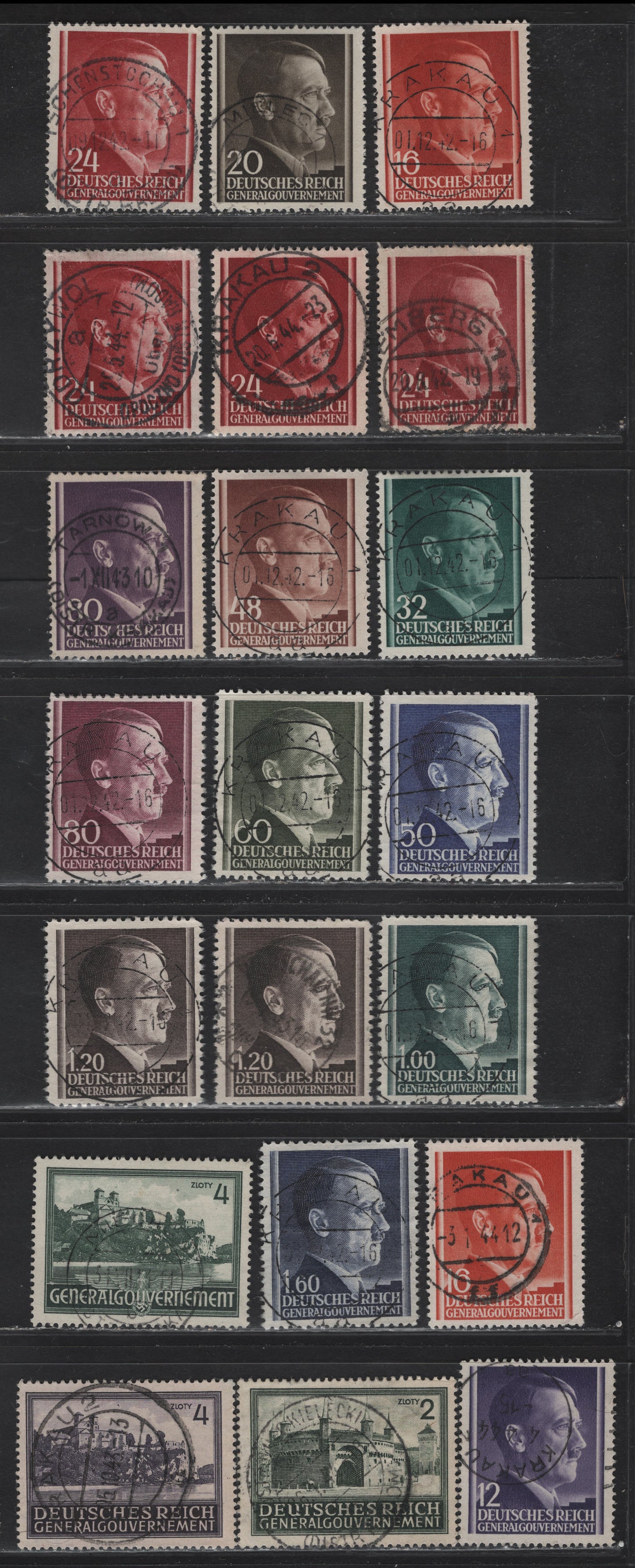 Lot 118 Poland - General Gov't SC#N80/N95, N75, N100-N101 12g - 4z Purple - Dark Gray Violet Adolf Hitler - Castles, 1941-1944 Adolf Hitler - Castle Issues, 21 Fine/Very Fine Used Singles, All With SON Town Cancels