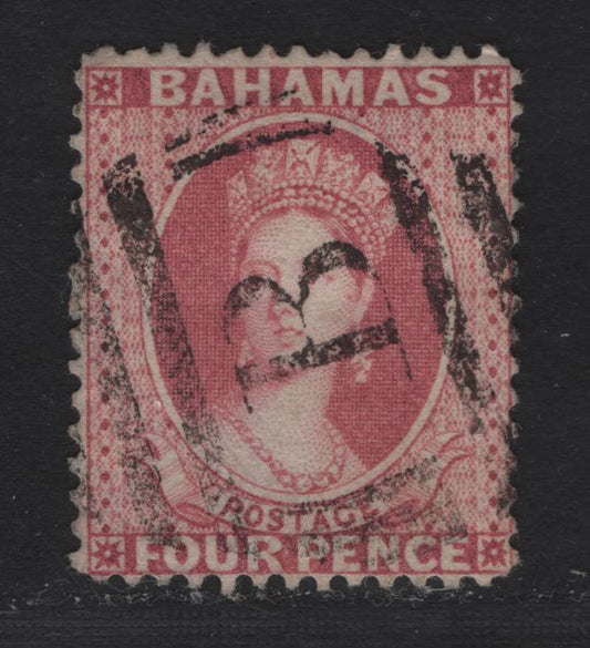 Lot 12 Bahamas SG#43 4d Rose Queen Victoria, 1882 Queen Victoria Sideface Issue, A Fine Used Single, Perf 14, Crown CA Wmk, Clear Barred 'B' Cancel.