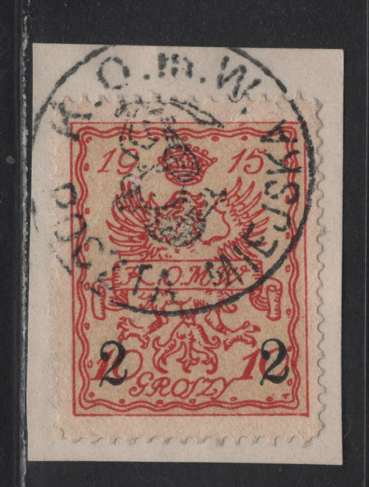 Lot 123 Poland Michel#5c 20gr on 10gr Blackish Rose & Light Chrome Yellow Warsaw Local, 1915 Local Post Issue, A Very Fine Used Single, On Piece With Mermaid Komw Paczta Miejska Cancel
