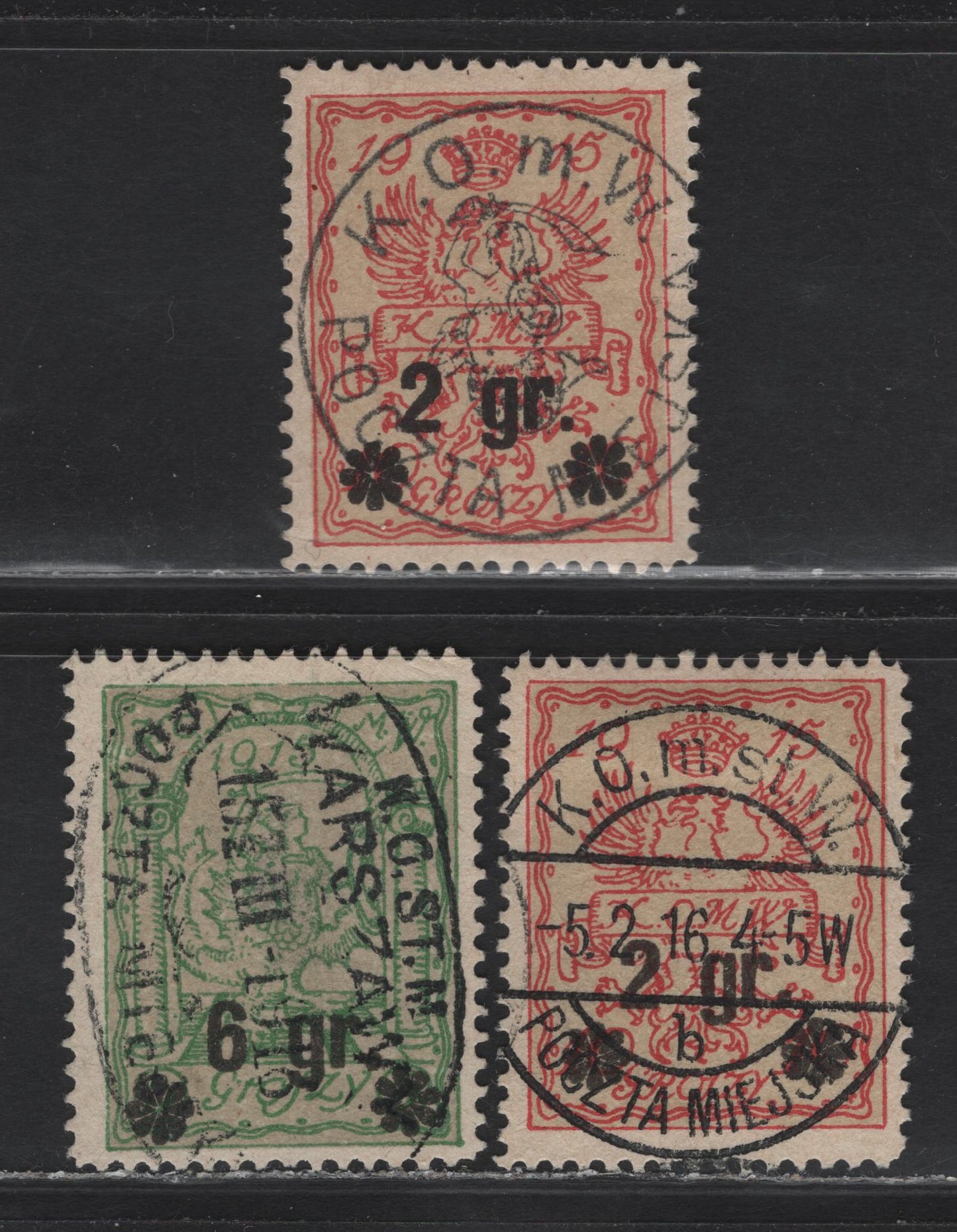Lot 124 Poland Michel#9a, 9c, 10c 2gr on gr - 6gr on 5gr Blackrish Rose & Medium Chrome Yellow - Lively Yellowish Green and Medium Chrome Yellow Warsaw Local, 1915 Local Post Issue, 3 Very Fine Used Singles