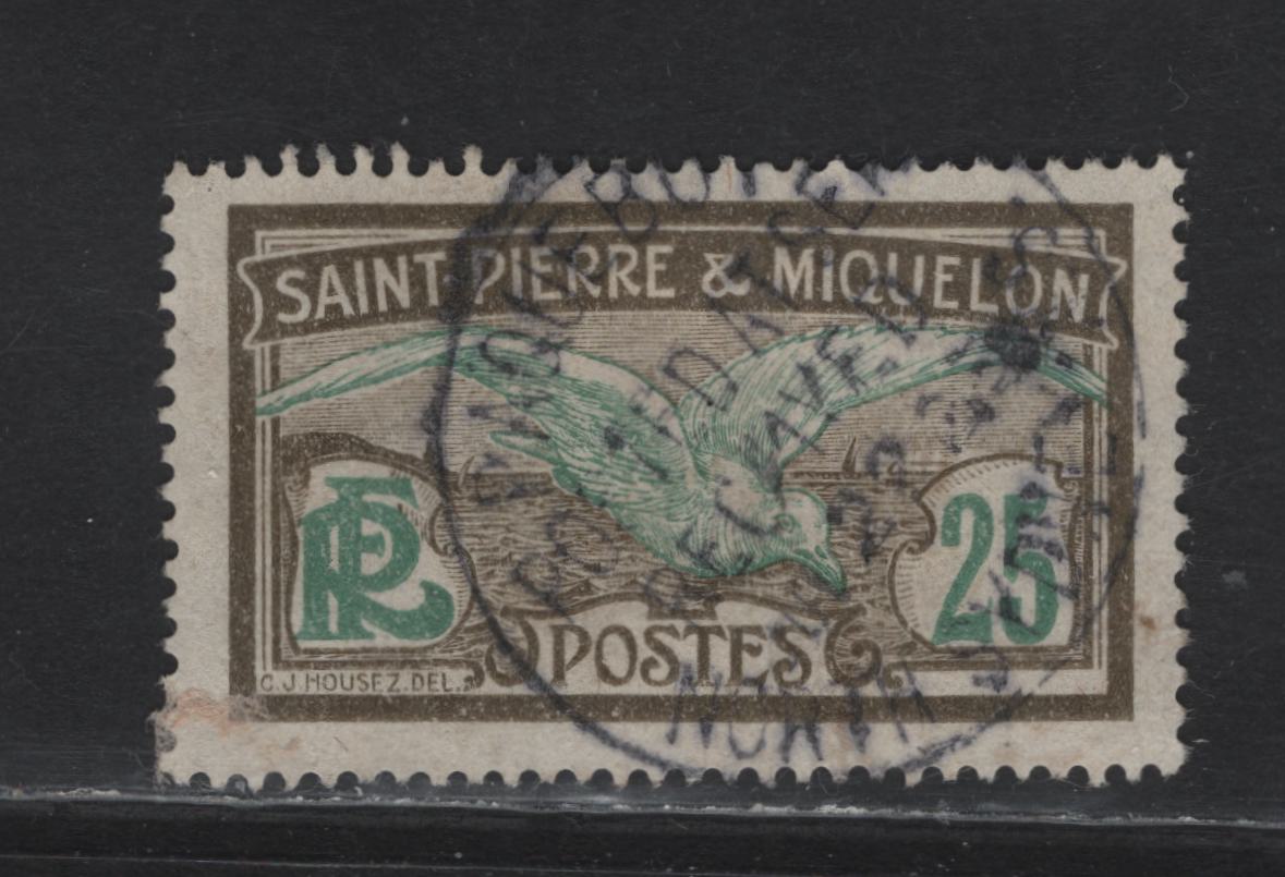 Lot 129 St Pierre & Miquelon SC#89 25c Olive Brown & Blue Green Pictorials, 1909-1930 Pictorial Keyplate Issue, A Very Fine Used Single, SON Paquebot Posted At Sea Cancel, Dated July 22 1925