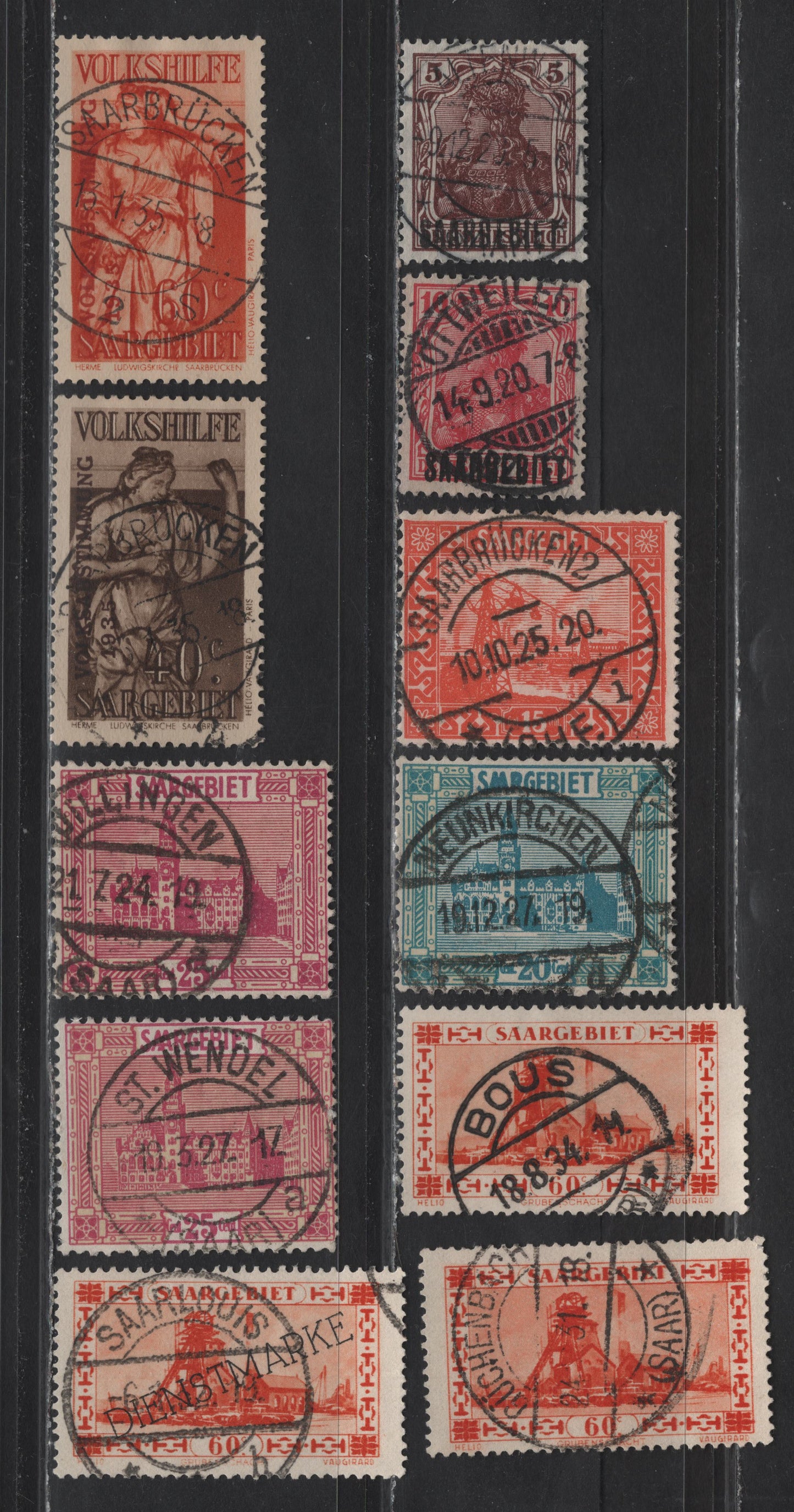 Lot 130 Saar (C)  SC#42-43, 103, 105, 107, 127, O23, B47-B48 5pf - 60pf Red Brown - Orange Germania, 1920-1934 Overprinted Germania - Official Overprinted Issues, 9 Fine/Very Fine Used Singles, SON CDS Cancels