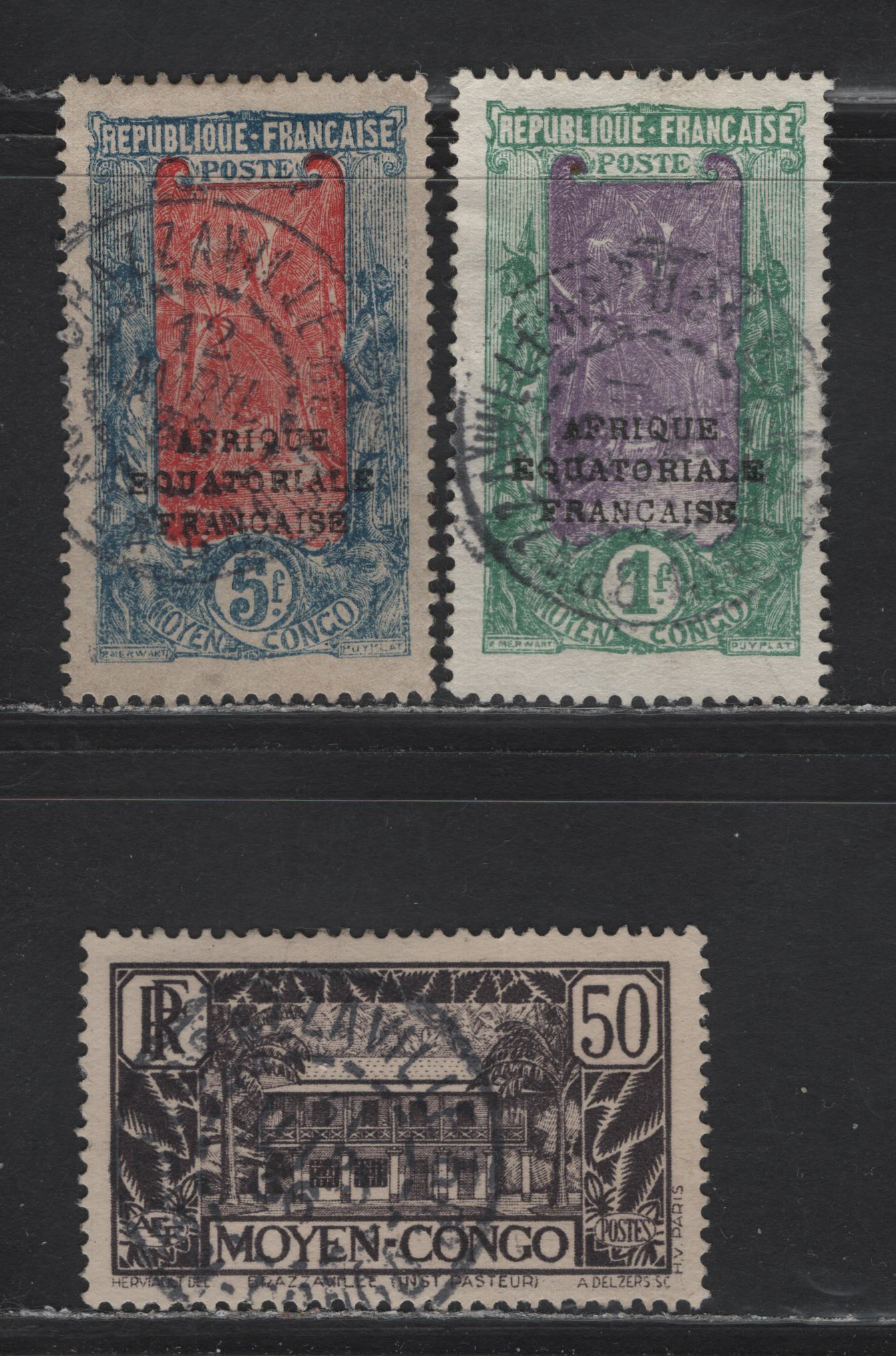Lot 131 Middle Congo SC#45, 50, J9 1fr - 50c Green & Violet - Gray Black French Equatorial Affrica - Numeral, 1924-1933 French Equatorial Africa Overprints - Postage Dues, 3 Very Fine Used Singles, SON Brazzaville CDS Cancel