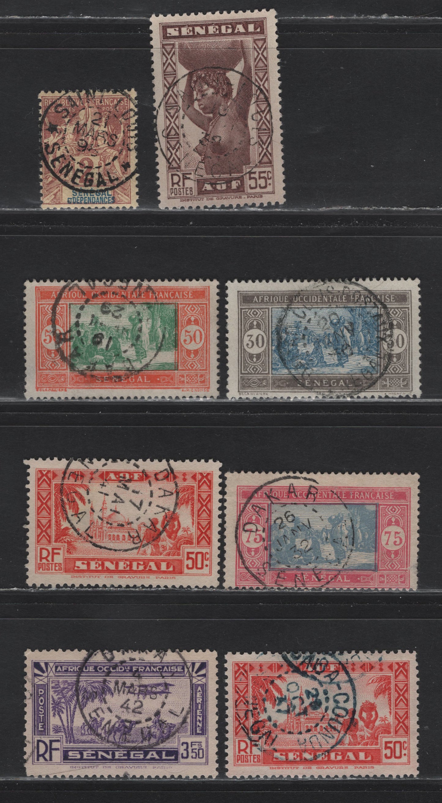 Lot 132 Senegal SC#36, 95, 105, 108, 154, 180, C7 2c - 3.5fr Brown on Buff - Violet Peace & Commerce - Airmail, 1892-1935 Peace & Commerce - Airmail Issues, 7 Fine/Very Fine Used Singles, SON CDS Town Cancels
