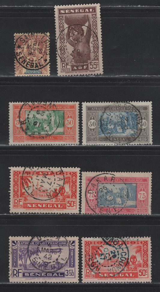 Lot 132 Senegal SC#36, 95, 105, 108, 154, 180, C7 2c - 3.5fr Brown on Buff - Violet Peace & Commerce - Airmail, 1892-1935 Peace & Commerce - Airmail Issues, 7 Fine/Very Fine Used Singles, SON CDS Town Cancels