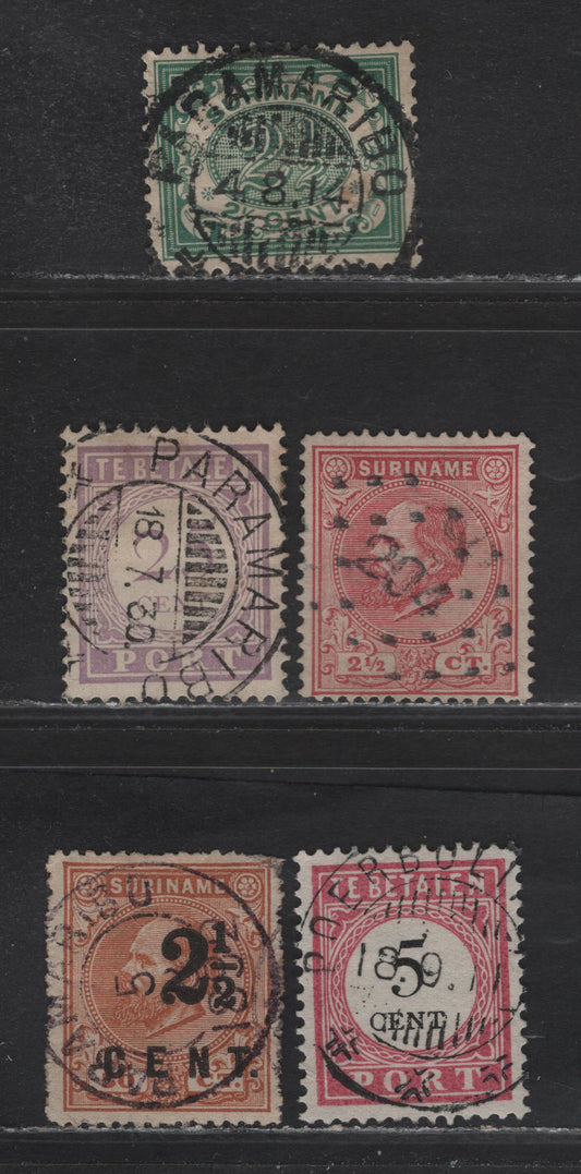 Lot 133 Surinam SC#3, 23d, 47, J10a, J27 2.5c - 25c Rose - Lilac King William III - Numeral, 1873-1931 King William III - Postage Due Issues, 5 Fine/Very Fine Used Singles, 5c Postage Due Is Type 1