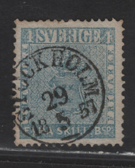 Lot 134 Sweden (C) SC#2 4s Light Blue Coat of Arms, 1855 Skilling Banco Issue, A Very Fine Used Single, Thin Paper, SON May 18 1857 Stockholm CDS Cancel, Top Quality & Extremely Well Centered.
