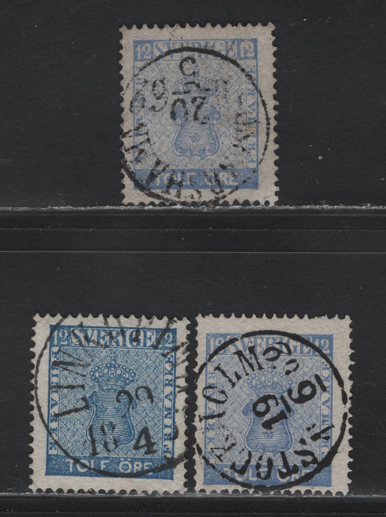 Lot 139 Sweden SC#8-9 12o Blue & Ultramarine Coat of Arms, 1858-1862 Coat of Arms Ore Denominated Issue, 2 Fine/Very Fine Used Singles, SON CDS Stockholm, Linkoping And One Other City I Quite Cant Make Out