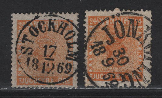 Lot 140 Sweden SC#10 24o Orange & Yellow Orange Coat of Arms, 1858-1862 Coat of Arms Ore Denominated Issue, 2 Fine Used Singles, December 18 1869 Stockhold & Sept 18 182 Jonkiping
