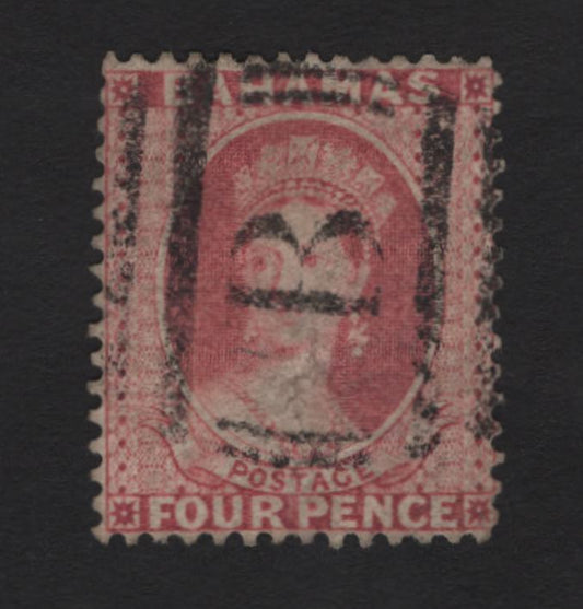 Lot 14 Bahamas SG#43 4d Rose Queen Victoria, 1882 Queen Victoria Sideface Issue, A Fine Used Single, Perf 14, Crown CA Wmk, Small Internal Wrinkle, Wmk Shifted That The Only Thing Visible Are Two Vertical Lines.
