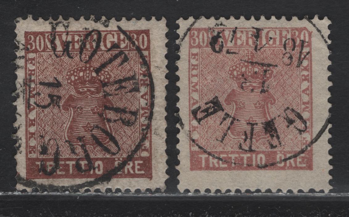 Lot 142 Sweden (C) SC#11, 11b 30o Reddish Brown & Rose Red Brown Coat of Arms, 1858-1862 Coat of Arms Ore Denominated Issue, 2 Fine Used Singles, SON Goteborg & April 18 1872 Gefle CDS Cancels