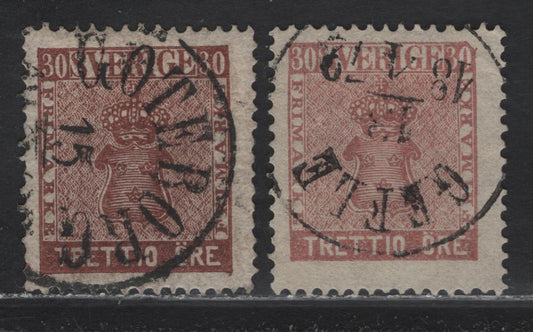 Lot 142 Sweden (C) SC#11, 11b 30o Reddish Brown & Rose Red Brown Coat of Arms, 1858-1862 Coat of Arms Ore Denominated Issue, 2 Fine Used Singles, SON Goteborg & April 18 1872 Gefle CDS Cancels