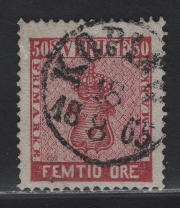 Lot 143 Sweden SC#12a 50o Carmine Coat of Arms, 1858-1862 Coat of Arms Ore Denominated Issue, A Very Fine Used Single, August 18 1865 Koping Cancel