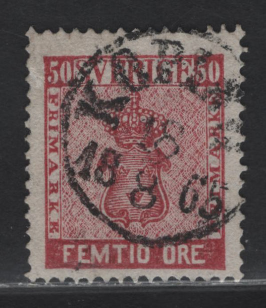 Lot 143 Sweden SC#12a 50o Carmine Coat of Arms, 1858-1862 Coat of Arms Ore Denominated Issue, A Very Fine Used Single, August 18 1865 Koping Cancel