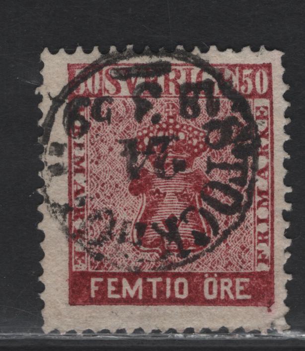 Lot 144 Sweden (C) SC#12b 50o Violet Tinged Dark Carmine Coat of Arms, 1858-1862 Coat of Arms Ore Denominated Issue, A Fine Used Single, SON March 18 1859 Stockholm CDS Cancel, Listed In Facit As 1858-1865 Printings