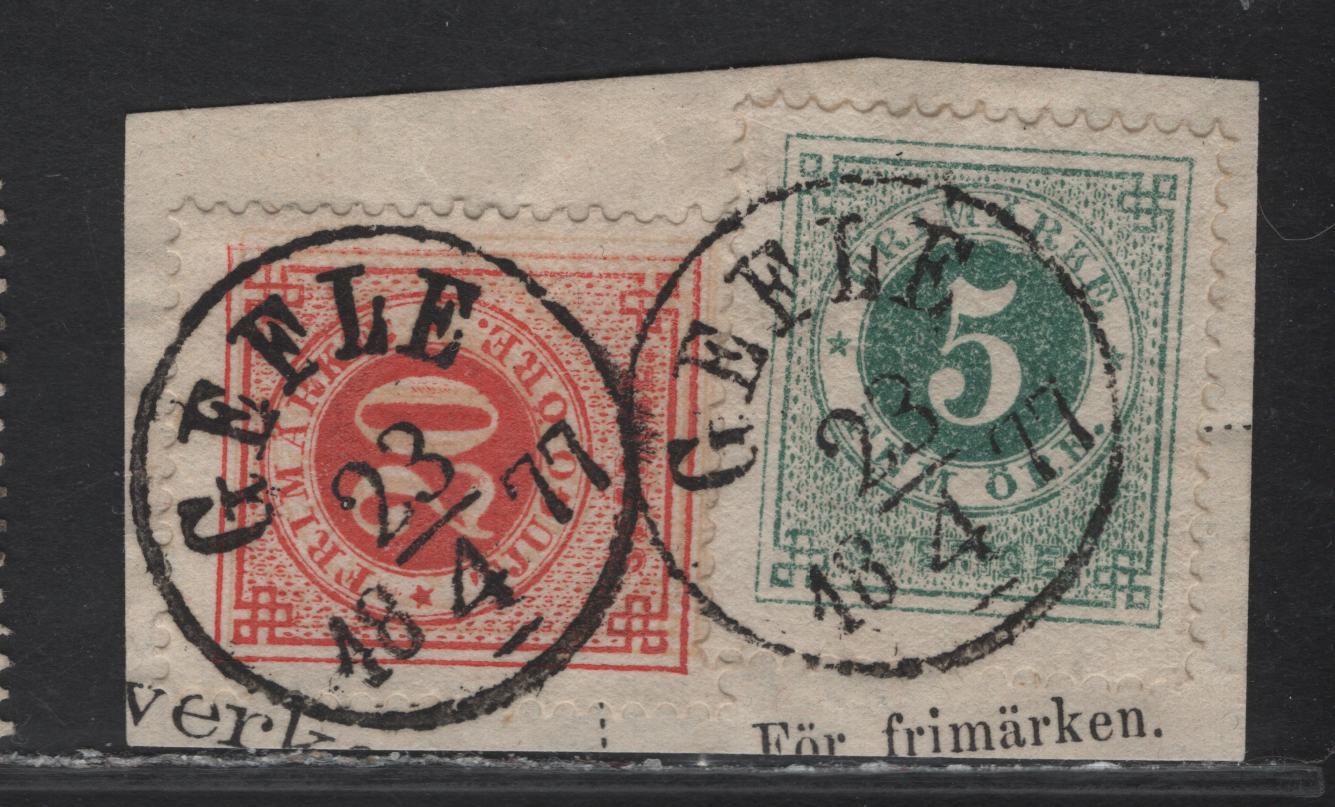 Lot 146 Sweden (C) SC#19, 23b 5o - 20o Blue Green - Dull Yellow & Vermillion Numerals, 1872-1877 Numeral Issue, 2 Fine/Very Fine Used Singles, Double Impression of 20o & Single Of 5o, Perf 14, Tied to Piece By April 18 1887 Gefle CDS Cancel.