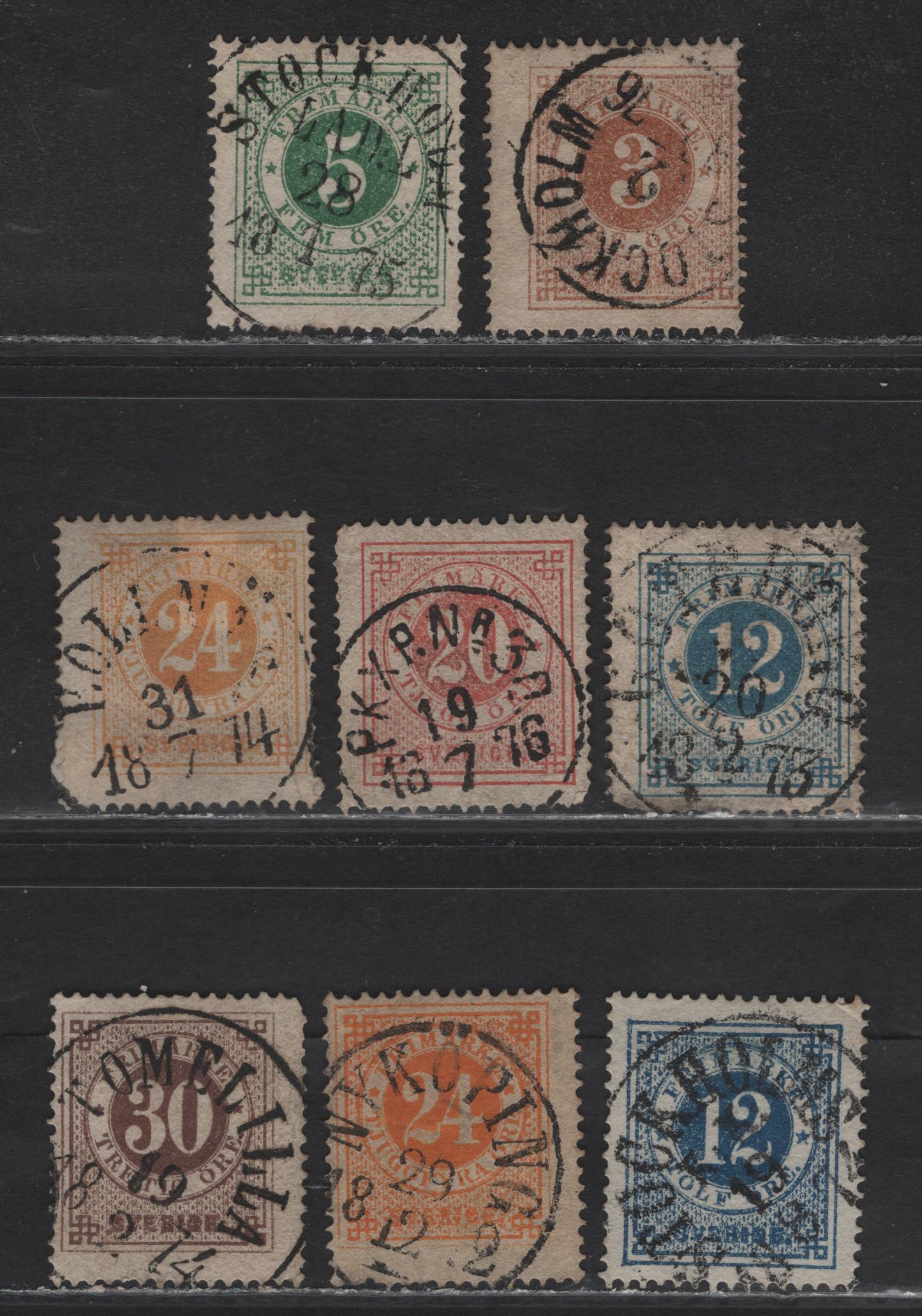Lot 147 Sweden (C) SC#17, 19, 22-24a, 25 3o - 30o Bistre Brown - Brown Numeral, 1872-1877 Numeral Issue, 7 Very Good/Fine/Very Fine Used Singles, Perf 14, CDS Town Cancel