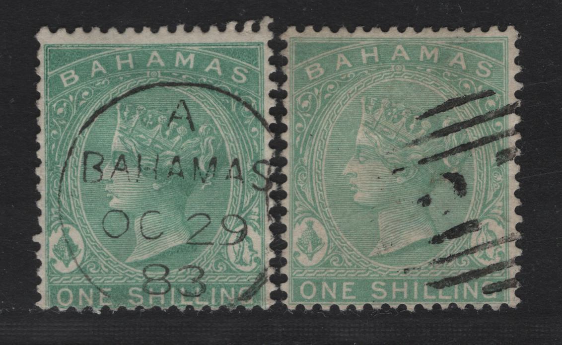 Lot 14A Bahamas SG#44-a 1/- Green & Blue Green Queen Victoria, 1882 Queen Victoria Sideface Issue, 2 Fine/Very Fine Used Singles, Perf 14, #27 Barred Numeral For The Out Islands & One With SON October 29 1883 Bahamas Cancel